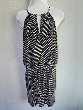 WHBM Black White Halter Blouson Mini Dress Medium Keyhole Tie Waist